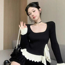 方领毛衣打底衫女内搭秋季新款秋冬法式锁骨喇叭袖慵懒风针织上衣