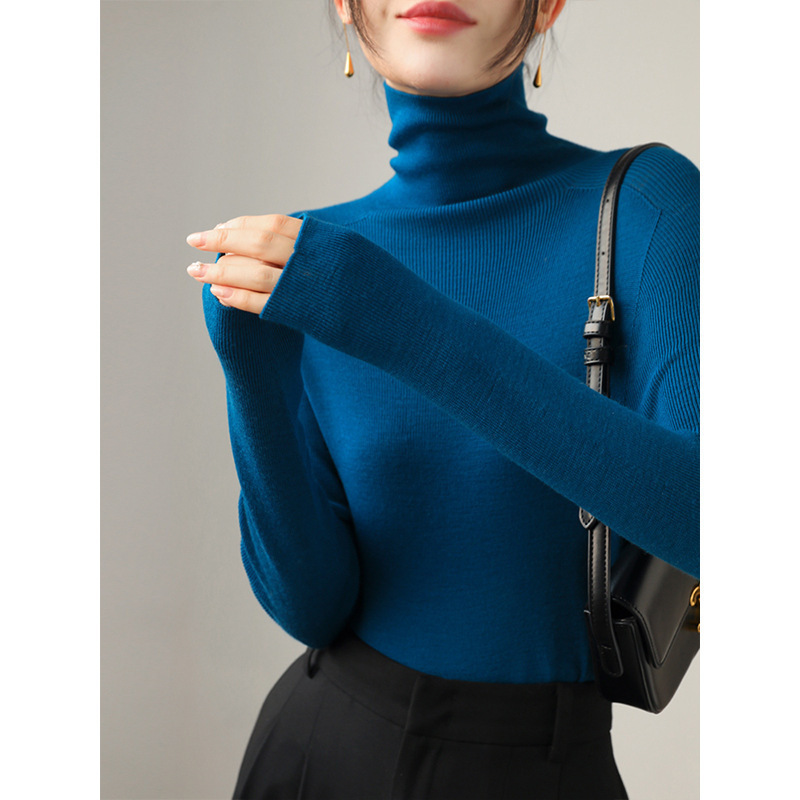 High-End Seamless Turtleneck Thin Slim-Fit Women's Winter Layering Sweater with Stacked Collar and Long Sleeves in Blue High-End Seamless Turtleneck Thin Slim-Fit Women's Winter Layering Sweater with Stacked Collar and Long Sleeves in Blue