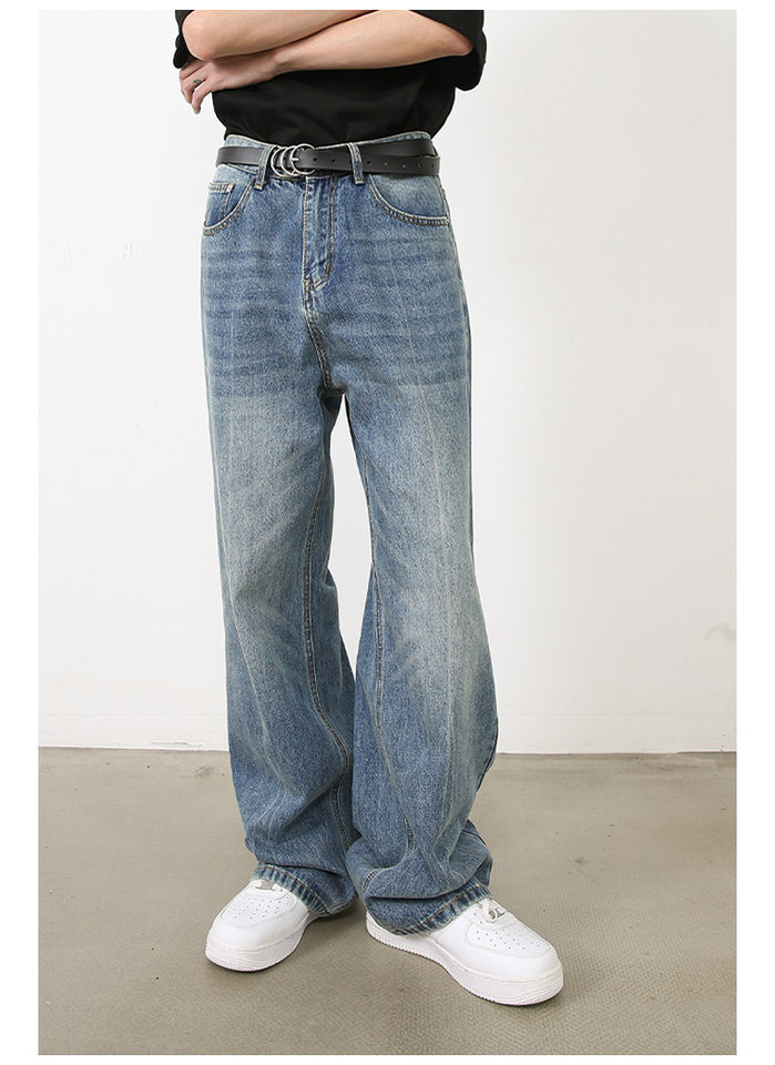 Quần jeans nam ống đứng dáng suông rộng, denim xử lý giặt retro phong cách Mỹ, quần dài mặc hằng ngày — Màu xanh lam chi tiết 9