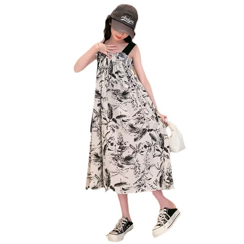 Girls Summer National Trend Ink Dress 2023 New Girl Sweet Suspender Long Skirt Loose Thin Children's Skirt Fashion