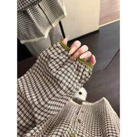 韩系简约格子娃娃领睡衣女春秋新款大码系带家居服套装新款可外穿