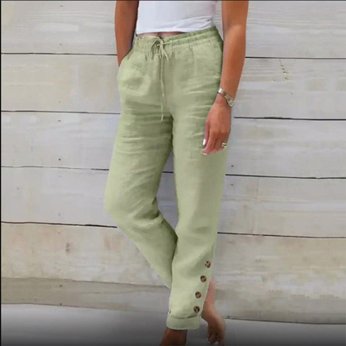 Independent station wish elastic waist pure color cotton linen straight casual buttons trousers women's retro