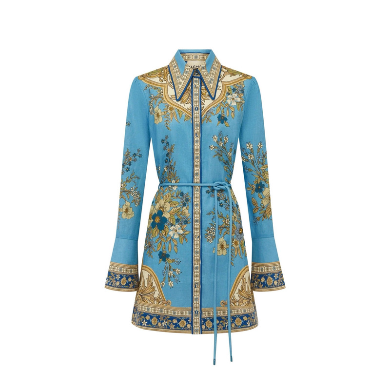 New In-Stock Australian Alemais Milk Tea Elegant Printed Shirt Collar Short Dress Blue Floral Women
