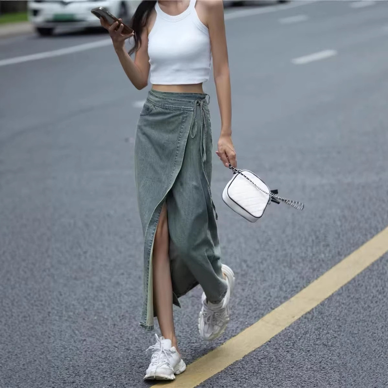 One-Piece Tie-Up Slit Denim Niche Skirt for Women, New Spring/Summer High-Waisted Trendy Stylish Irregular Skirt