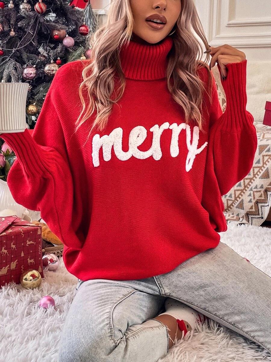 350g Weight Long Sleeve Sleeve Length Pullovers Placket Type Batwing Sleeve Sleeve Type Polyester, Polyacrylonitrile Fiber Fabric Type Long Top Length Sweater Tops Type Daily Occasion Turtleneck Neckline Loose Fit Type Christmas Festival Letter Pattern Winter, Autumn Season Women's Gender Embroidery Design Streetwear Style Wholesale Women's Streetwear Letter Long Sleeve Embroidery Sweaters & Cardigans 无