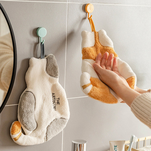 Cat hand towel hanging hand towel children's cute coral velvet towel kitchen strong water absorption thickened hand rag