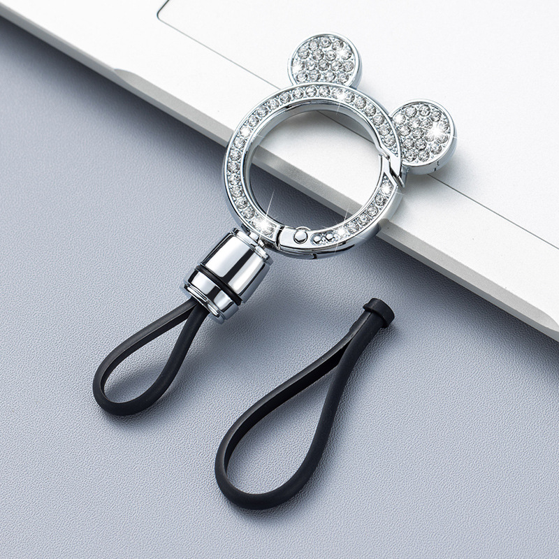 Llavero de coche con incrustaciones de diamantes de gama alta Mickey cabeza de doble cara diamante fino estándar doble cuerda de cuero resistente a los arañazos llave del coche hombres y mujeres pareja