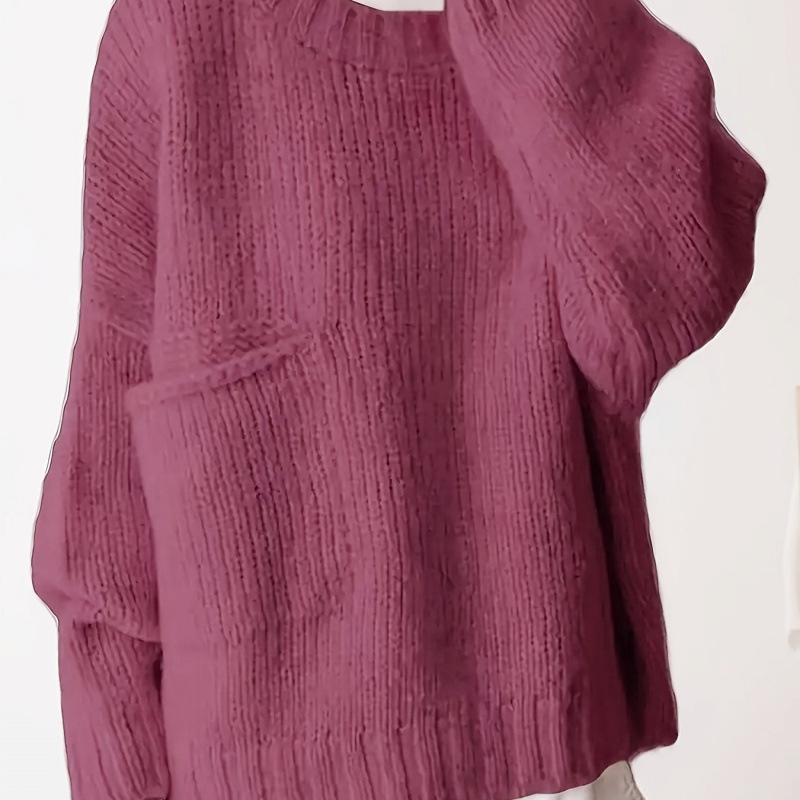 Plus Size Solid Pocket Crew Neck Sweater Casual Long Sle跨境|undefined