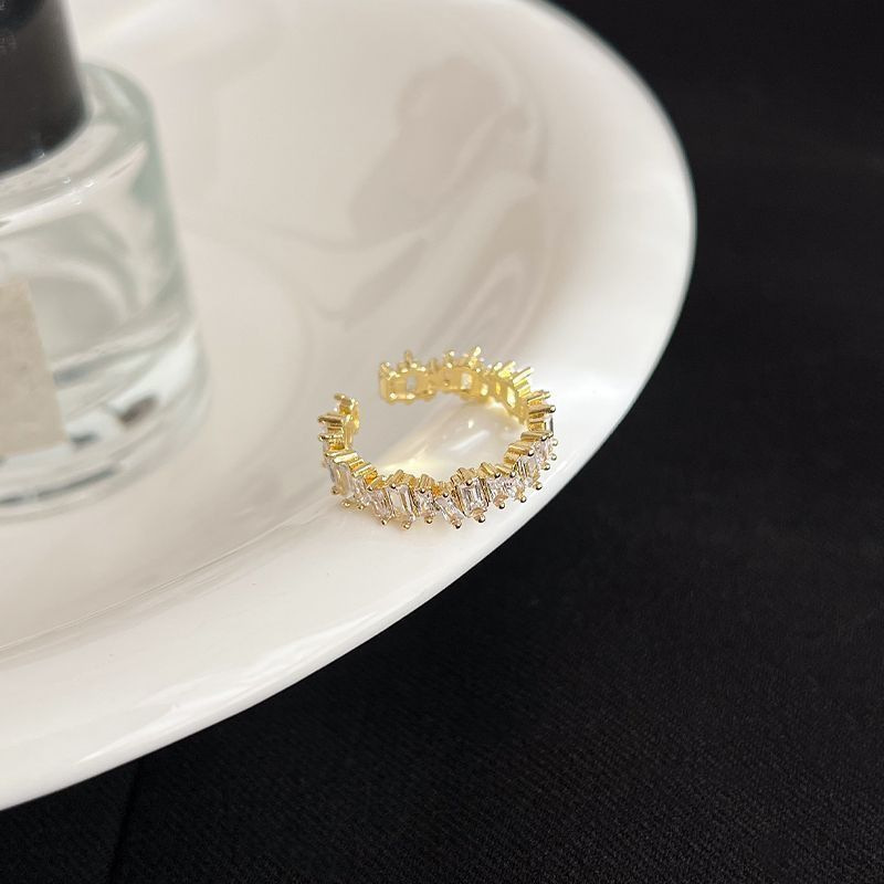 Light luxury copper-plated zircon ring, feminine and high-end, open adjustable super flash ring, simple popular ins style