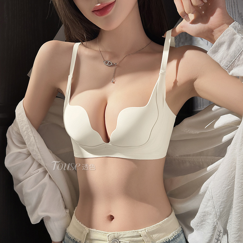 2025 새로운 봄과 여름 깊은 V 추적없는 속옷 여성의 얇은 큰 가슴 작은 그림 아첨하는 조정 가능한 파라머 브라