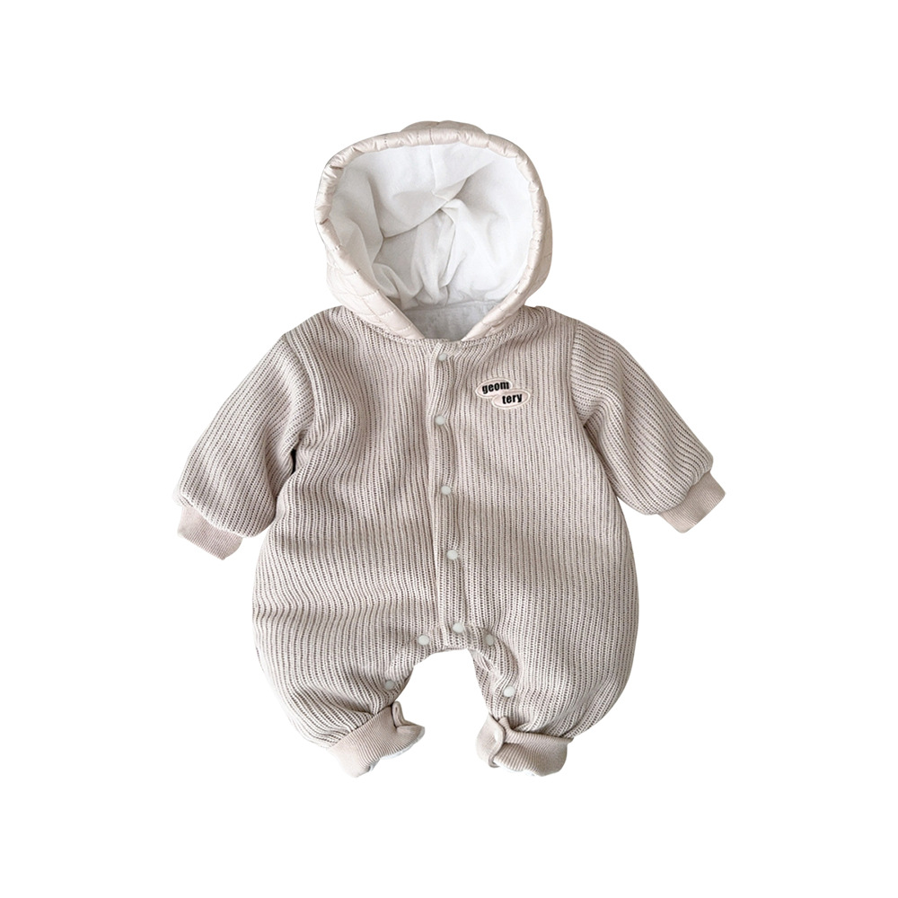 Ropa para niños coreanos otoño e invierno bebé hebilla completa mono tejido grueso acolchado ropa de salida de bebé con capucha