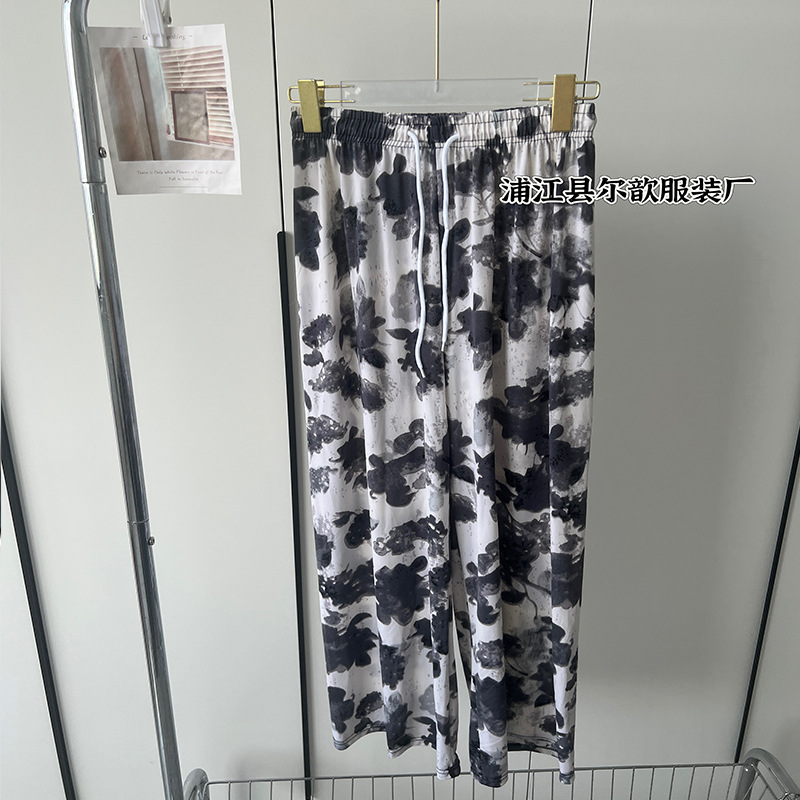 Nueva pintura de tinta china, pantalones anchos de seda de hielo y nieve, pantalones de pierna ancha delgados de verano para niños, cintura alta, pantalones de pierna recta casuales delgados