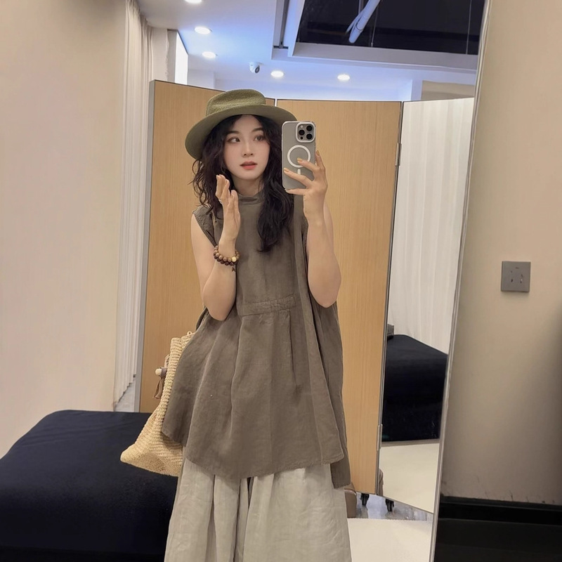 2025 Summer Korean Style Loose Age-Reducing Linen Patchwork Stand Collar Back Button Sleeveless Shirt Versatile Casual Top for Women 2025 Summer Korean Style Loose Age-Reducing Linen Patchwork Stand Collar Back Button Sleeveless Shirt Versatile Casual Top for Women