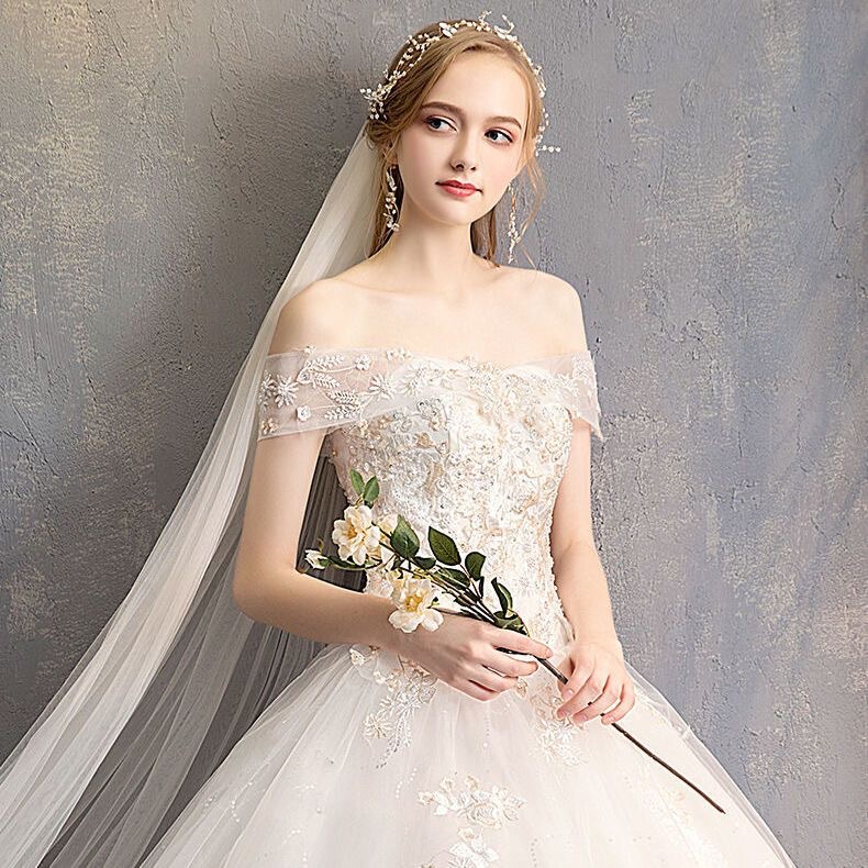 2026 New Style French Forest Style Off-Shoulder Slimming Bride's Wedding Dress, Simple Floor-Length Light Wedding Gown