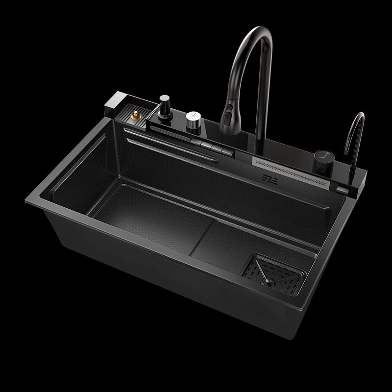 Fregadero de cascada de lluvia de acero inoxidable 304 fregadero de cocina multifuncional pantalla digital para el hogar nido de abeja en relieve gran ranura única