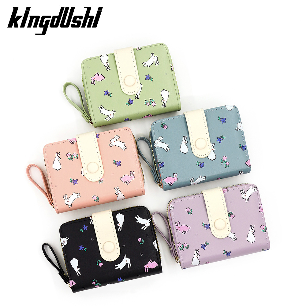 Cute conejo impresión billetera de mujer corta tarjeta de órgano hebilla bolso de cambio bolso de identificación con cremallera bolso de mano