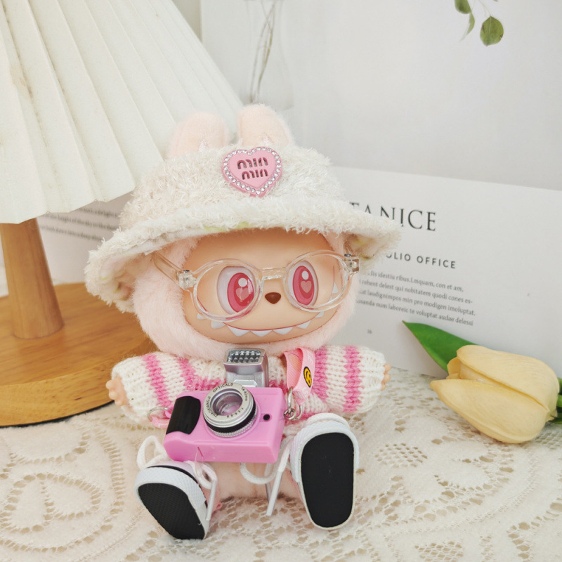 17 センチメートルビニールぬいぐるみマカロンラブブ LABUBU ベビー服ピンクのガーゼスカートヘアアクセサリー交換服|undefined