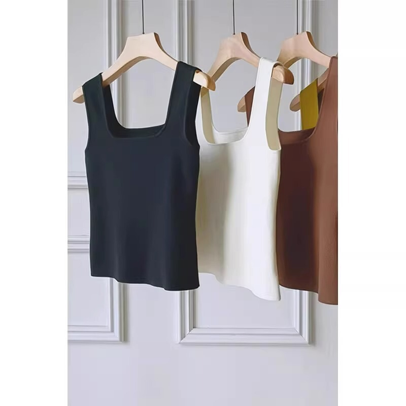White square collar ice silk knitted camisole women's inner wear summer bottoming French chic sleeveless I-shaped top outer wear