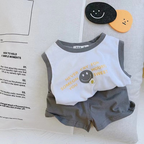 Pure Cotton INS Korean Style Children's Smiling Sleeveless Tank Top and Shorts Set for Boys Fashion Thin Summer Two-Piece Set