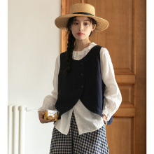 2025秋季新款法式文艺复古花瓣领棉麻长袖白色衬衫+短款马甲女