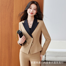 卡其色撞色黑驳领双排扣西装套装女微喇裤商务工装酒店前台现货