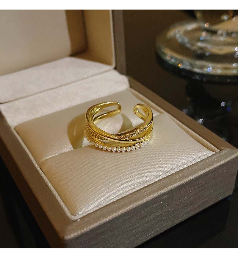 Fashion Geometric Copper Inlay Artificial Pearls Zircon Open Ring