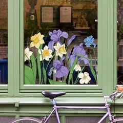 植物の花の店のショーウインドーのガラスの扉のシールの紫色の花の装飾の服の店の窓の花は絵の静電気を貼って貼ります。