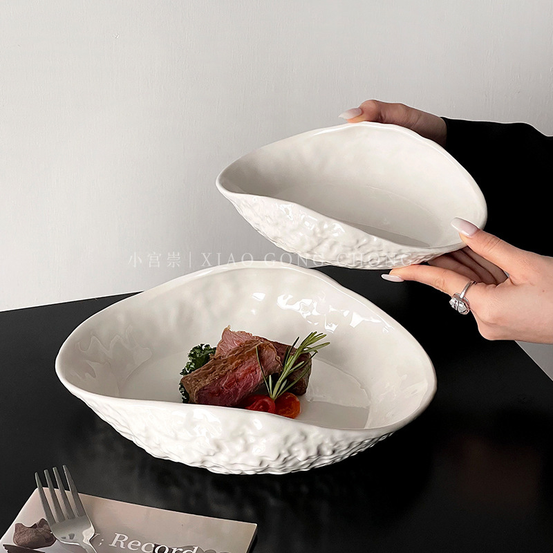 Rock Pattern Shell Ceramic Plate Accessible Luxury Household Soup Plate Vegetable Plate High-End Creative Pure White Steak Plate Pasta Plate
