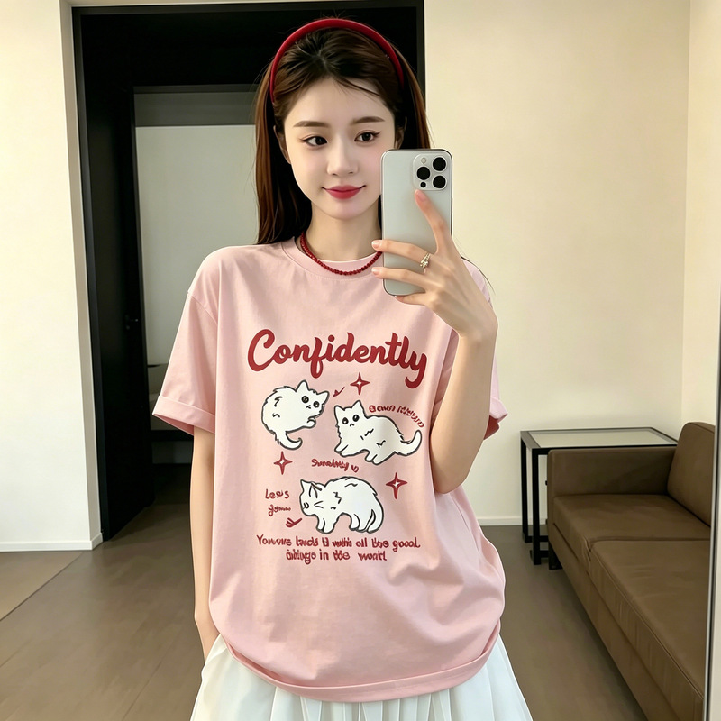 2026 New Pure Cotton T-Shirt, Round Neck T-Shirt, Cute Kitten Print, Casual Trendy T-Shirt, Korean Export