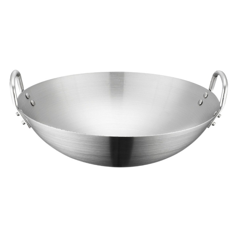Wok grande de acero inoxidable, sartén para freír con doble asa y fondo redondo, adecuado para restaurantes, chefs, cantinas, zonas rurales y uso comercial.