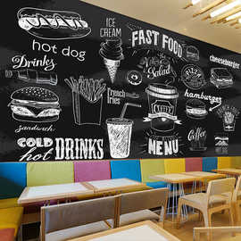 3D个性黑白涂鸦壁纸蛋糕奶茶咖啡店休闲壁画汉堡披萨店西餐厅墙纸