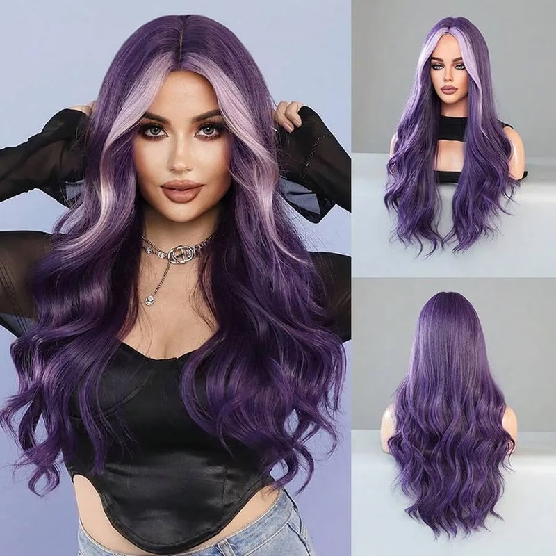Fashionable European and American women's middle-parted purple gradient long curly hair wig, large wavy synthetic fiber wig wholesale Fashionable European and American women's middle-parted purple gradient long curly hair wig, large wavy synthetic fiber wig wholesale