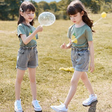 儿童套装夏装女童套装2022新款韩版洋气短袖夏季牛仔短裤两件套潮