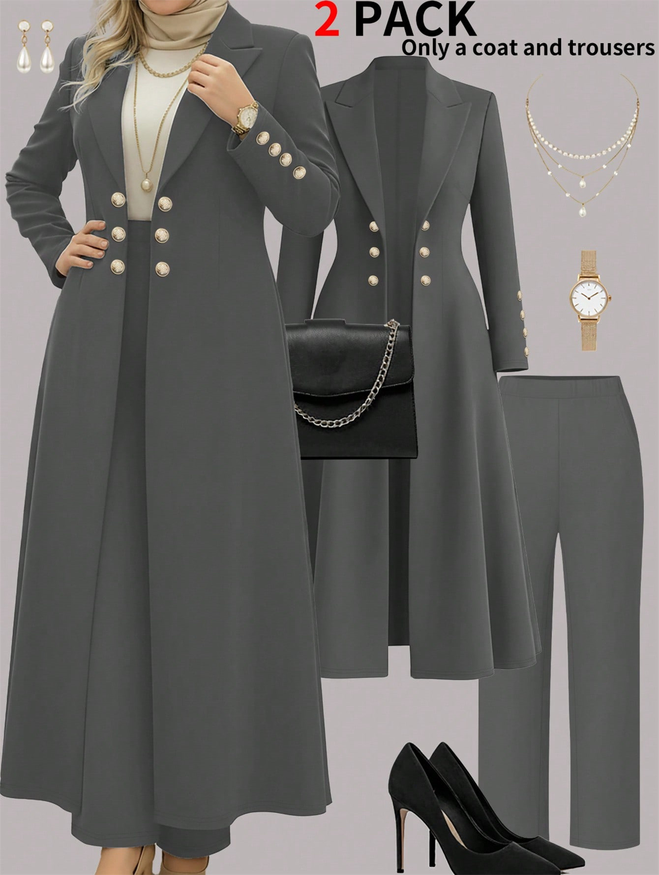 Plus Size Elegant Retro Style Suit Coat Casual Straight Leg Trousers Waist Cinching Long Coat Set_ecoleips.com