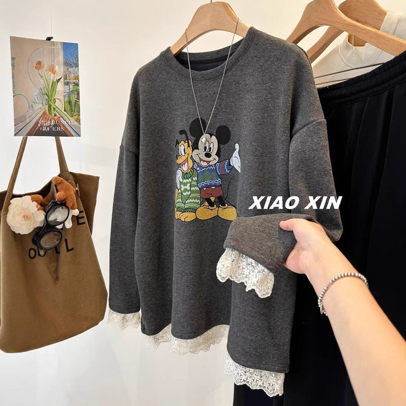 Derong Composite Super Soft Large Size 120kg ~ Mickey Mouse Lace Trim Warm Fleece Sweatshirt Women's Loose Top