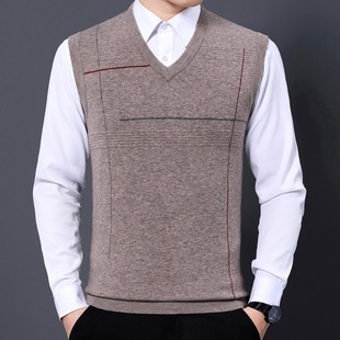 [100% pure wool] men's 2023 autumn and winter New V-neck sweater men's sleeveless striped thickened sweater