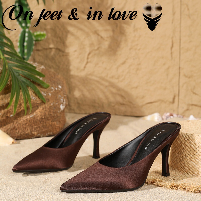 Summer New Style Simple and Fashionable High-Heeled Shoes for Women French Retro Brown Temperament Pointed Toe Shallow Mouth Stiletto Sandals