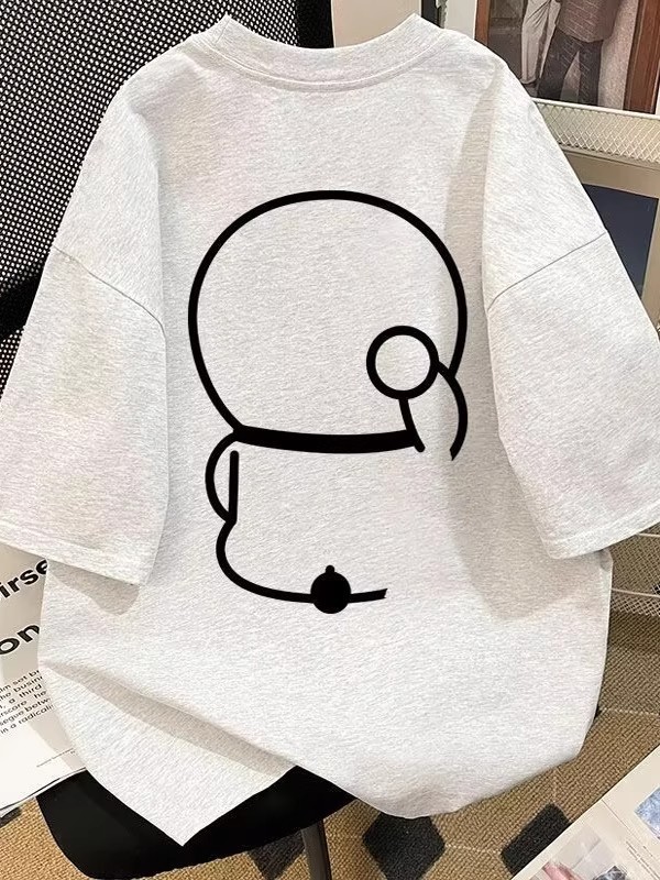 夏季潮流宽松日系简约线条卡通哆啦A梦短袖T恤男女情侣纯棉上衣