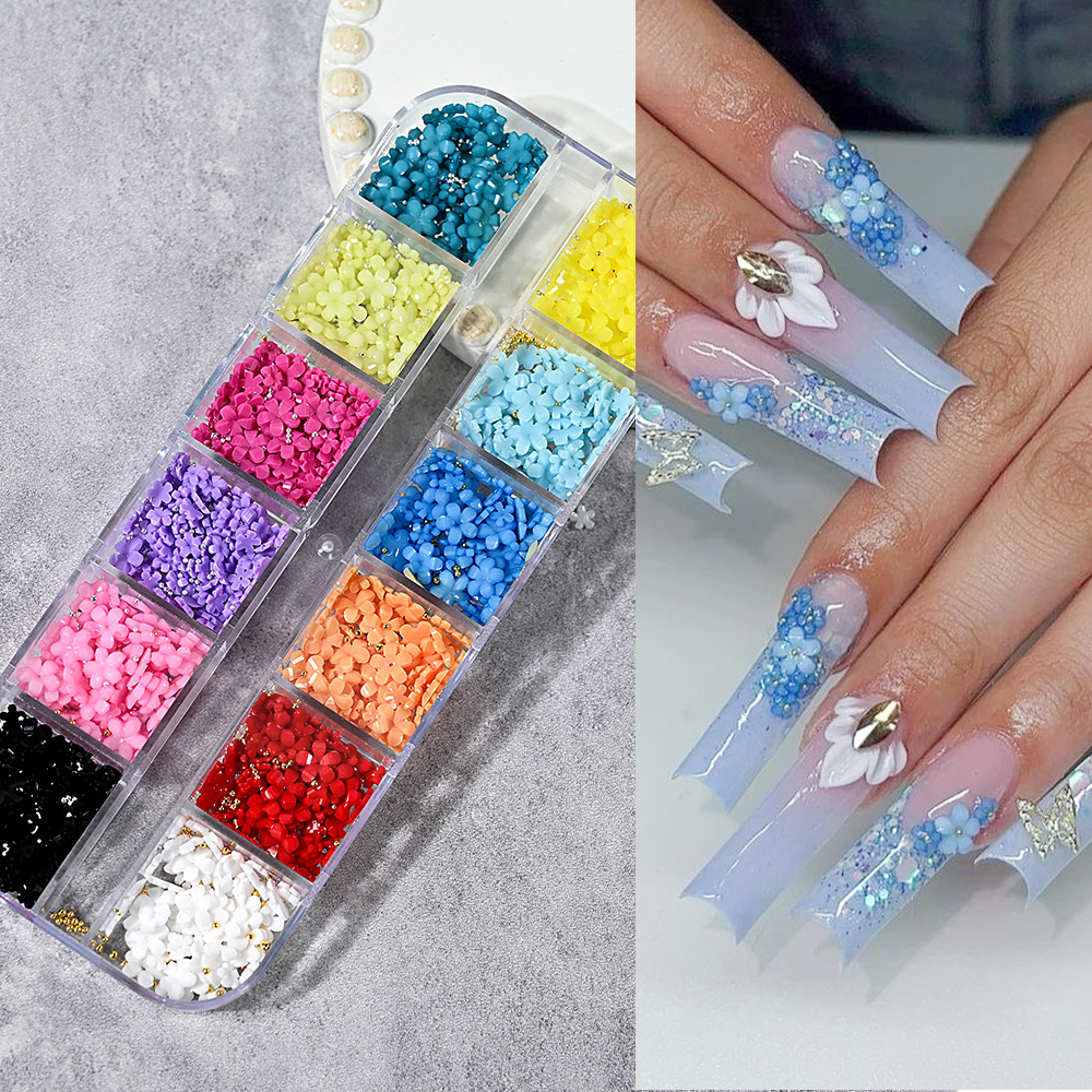 12 Grids Five-Petal Plum Blossom Nail Art Jewelry Handmade DIY Accessories Loose Beads Colorful Nail Art Decoration Resin Flowers