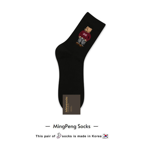 0Korean Socks Men's Mid-waist Cotton Socks Cartoon Bear Business Casual Zhongtong Kikiya Spring New Style