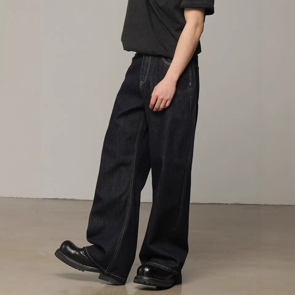 Classic American Raw Denim Jeans For Men – Straight Leg Relaxed Fit Washed Black Denim Pants, Vintage Style For Everyday Wear_mkmklike.com