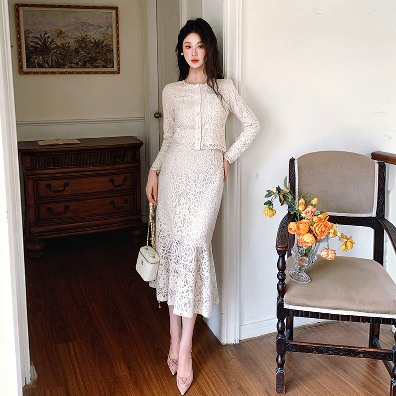 Tweed Style French High-End Western-Style Girl's Dress with Elegant and Age-Reducing Sequined Lace Fishtail Dress Two-Piece Set