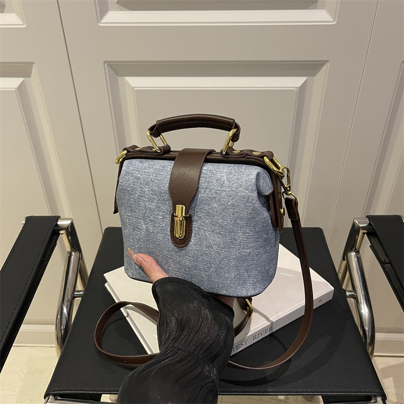 PU Leather Vintage Chinese Style Large Capacity Grained Cowhide Shoulder Crossbody Doctor Bag Women's Bucket Bag - Thumbnail 4