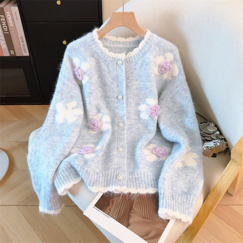 Floral Knit Cardigan for Women 2026 Autumn/Winter New Round Neck Sweater Coat Casual Style Top with a Youthful Look Floral Knit Cardigan for Women 2026 Autumn/Winter New Round Neck Sweater Coat Casual Style Top with a Youthful Look