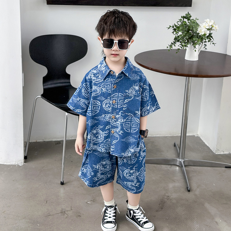 男女童中国风印花牛仔短袖夏装套装新款儿童运动凉爽透气柔软不闷