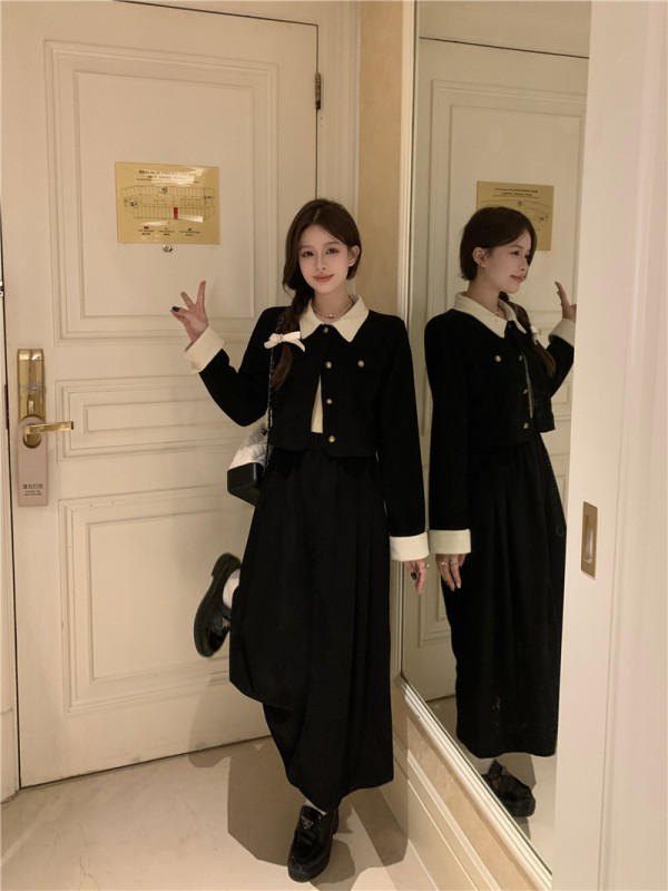 【外套+半身裙】灯芯绒撞色长袖夹克+高腰A字半身裙女秋冬两件套|undefined