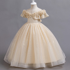 Children's high-end one-shoulder tulle princess dress, girl child wedding host piano performance dress, one-piece dress