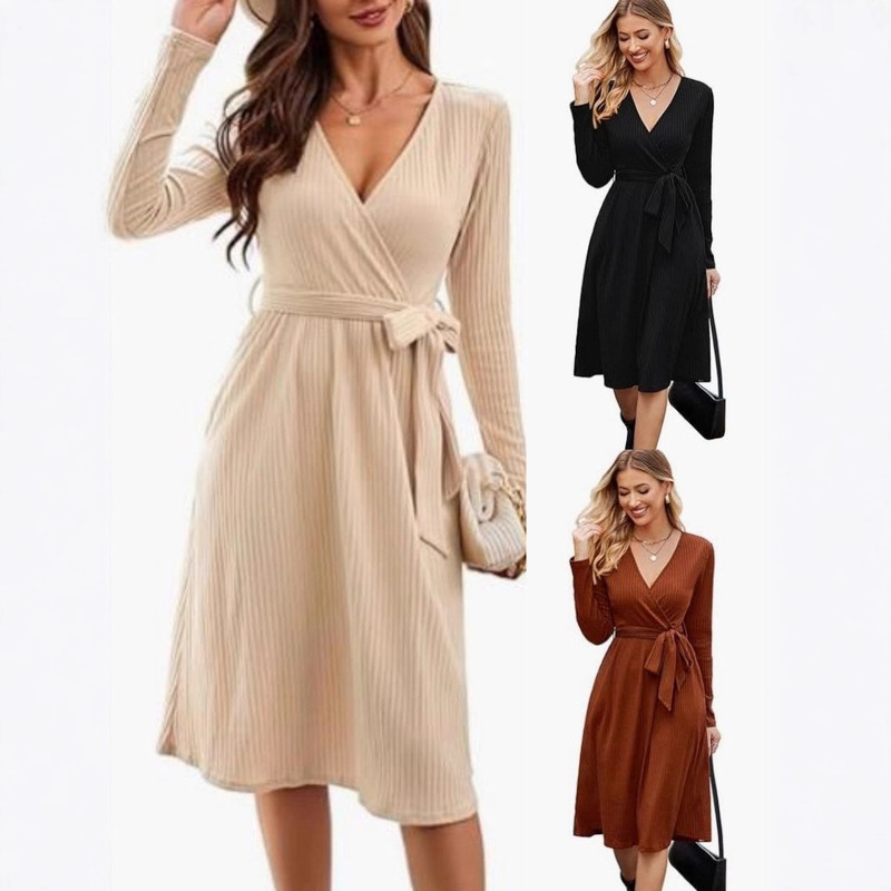 European and American Style Long-Sleeve Wrap Dress with V-Neck, Tie Waist, Ribbed Knit Belt, Mid-Length Dress