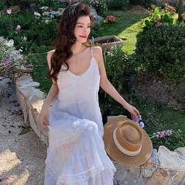 仙女白色连衣裙海边度假沙滩裙感遮肚子减龄吊带长裙夏季女
