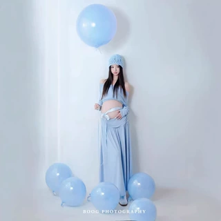 中式孕妇蓝色小清新长裙写真妈咪大肚照高级氛围感飘逸迷人